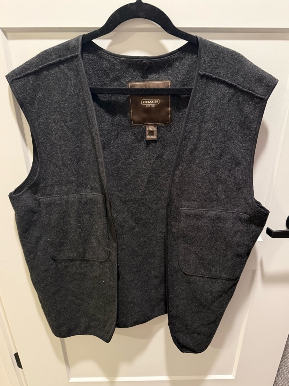 Coach Wool Blend Vest Women’s Large Charcoal Gray Open Front Minimalist Layering